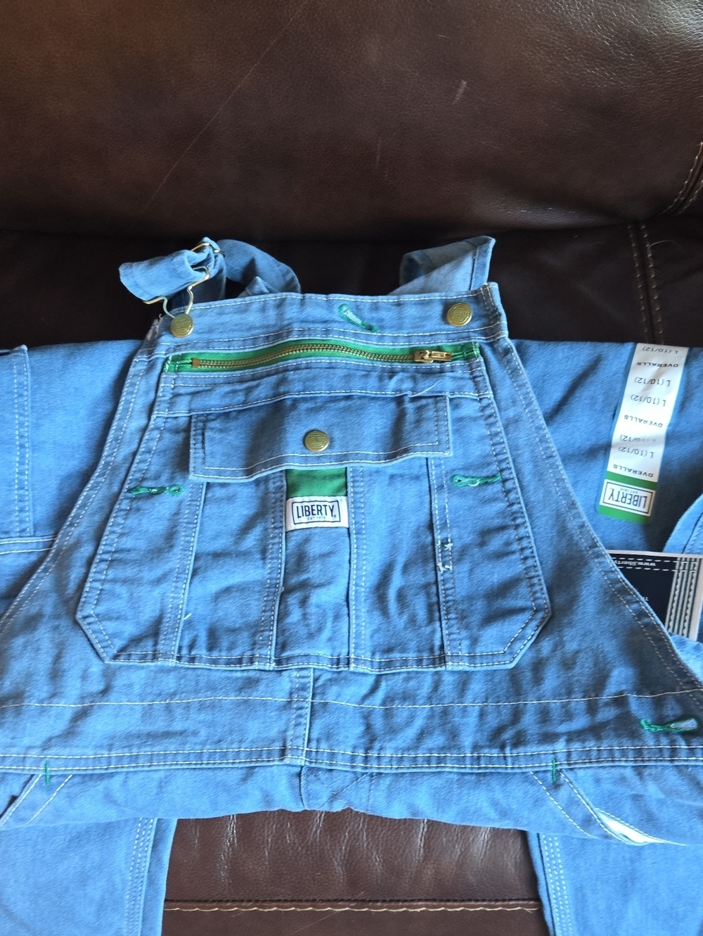 Liberty Blue Denim Overalls with Green Trim